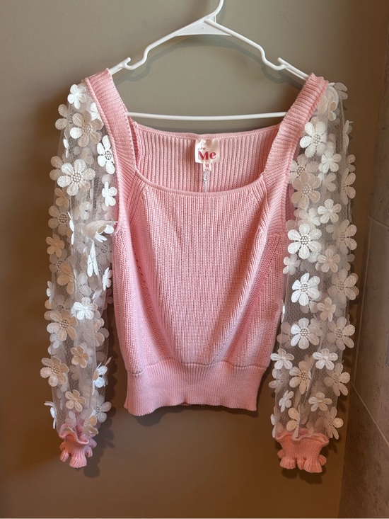 So Me Sweaters - So Me Pink Knit Sweater with White Floral Appliqué Sleeves